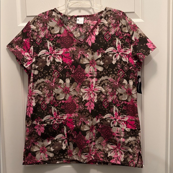 24/7 Comfort Scrubs Tops - 24/7 Comfort Scrubs Pink and Brown Floral Scrub Top